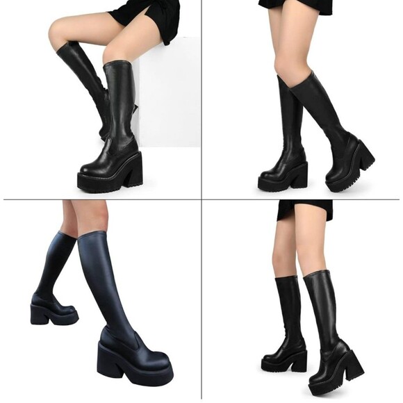 Womens Elastic Knee High Platform Chunky Block High Heel Sock Boots Sz 6.5 - Picture 3 of 9